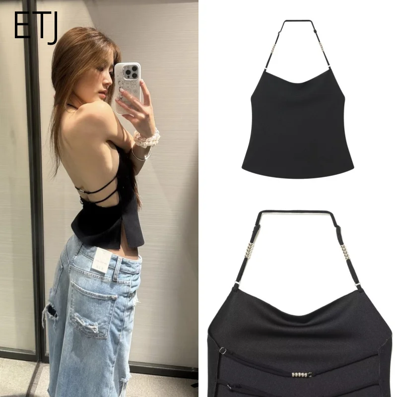 ETJ Frühjahr 2026 Damen-Neue Kollektion Y2K Fashion Perlen verziertes schwarzes Neckholder-Top sexy rückenfreies ärmelloses Strickoberteil