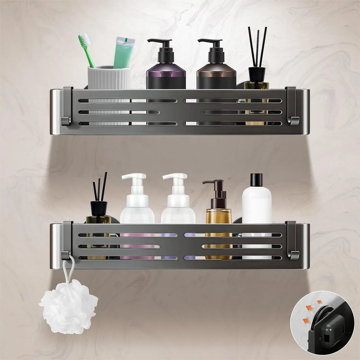 

Suction Cup Shower Caddy 2-Pack, No Drill Aluminum Rust Proof Bathroom Organizer with 12 Hooks for Shampoo and Towels