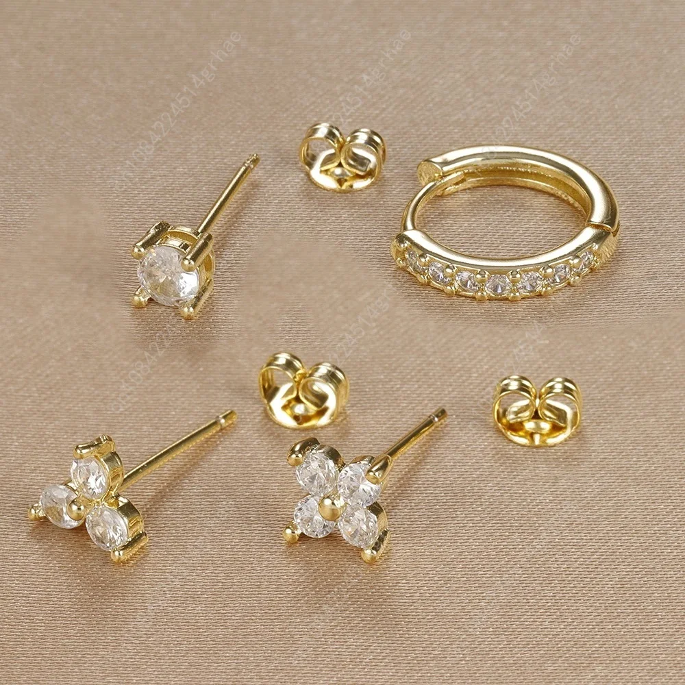 4 قطعة 18K مطلية بالذهب زهرة جولة ثقب طقم من الحلقان للنساء الفولاذ المقاوم للصدأ الزركون الشرير قرط الاذن المرصع العصرية مجوهرات aretes