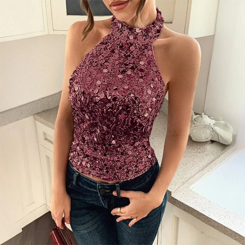 

Летний элегантный топ-майка с пайетками на шее, женская футболка без рукавов, сексуальный облегающий топ-халтер для женщин