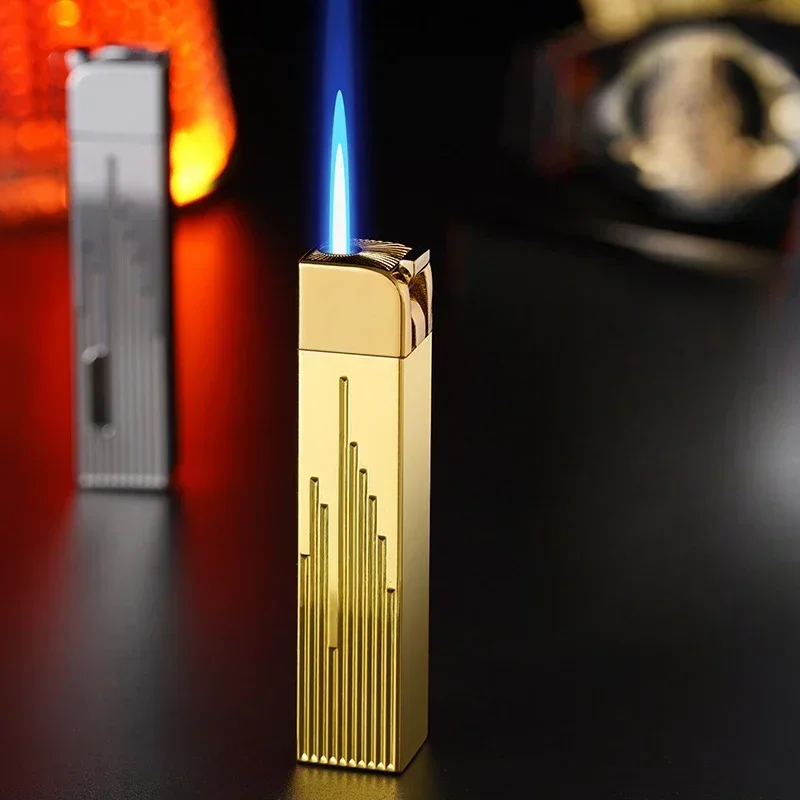 Windproof Straight-Through Lighter Creative Double-Sided Embossed Slim Long Butane Gas Cigarette Lighter Portable Smoking Set