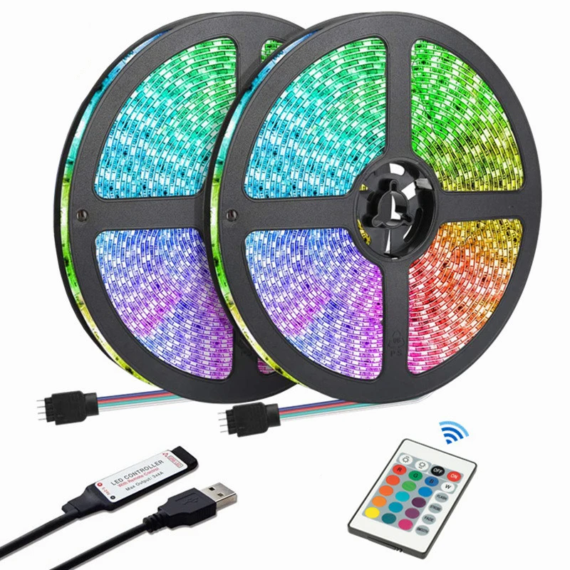 Tira de Luces LED de 5 Metros con Conector USB, 24 Teclas, 5050 RGB de Siete Colores, Iluminación de Fondo para TV, Sala de Juegos, Decoración para Fiestas Familiares