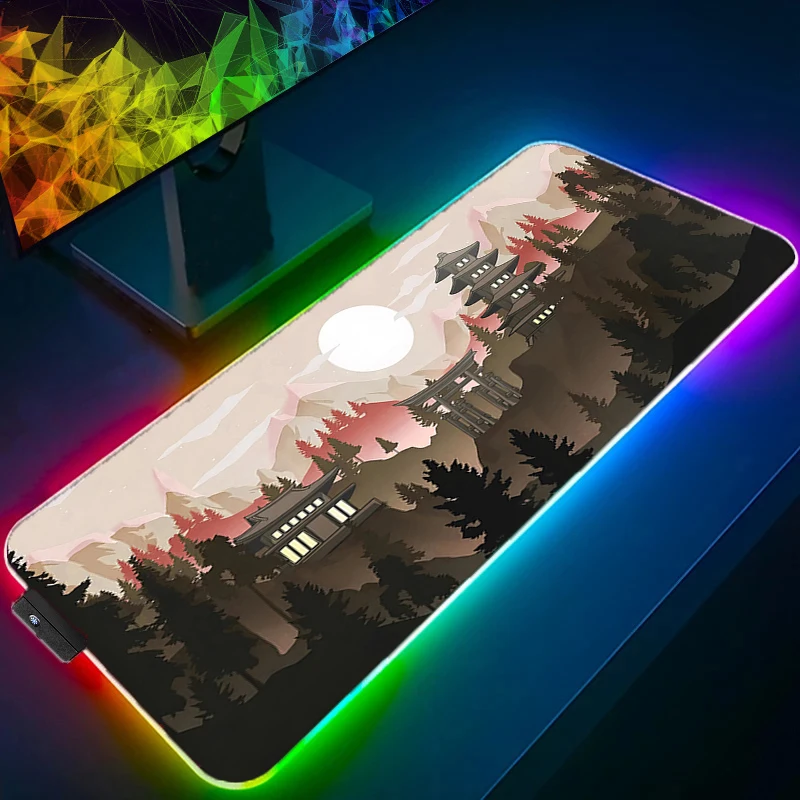 RGB LED Mouse Pad Desk Mat Anime Play Mat Gaming Mountain Forest Pagoda Torii Mousepad Speed Computer and Office Keyboard Pad