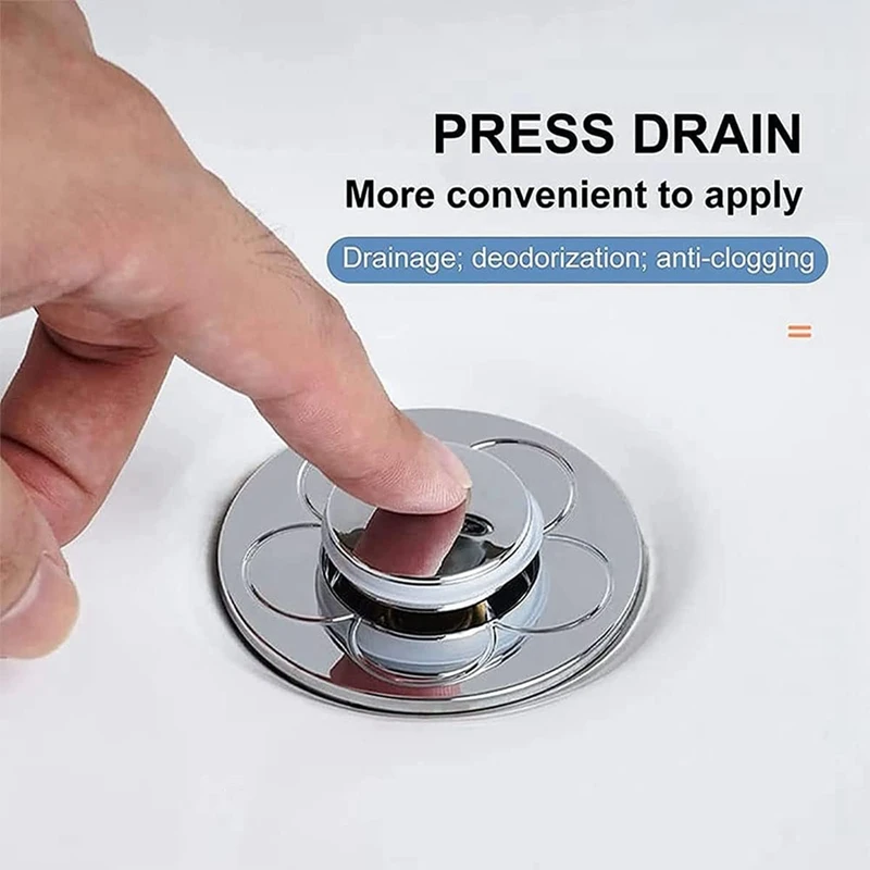 AB15-Stainless Steel, Rebound Core Push Type Sink Plug, Universal -Up Drain Strainer With Anti Clogging Sieve 34-40 Mm