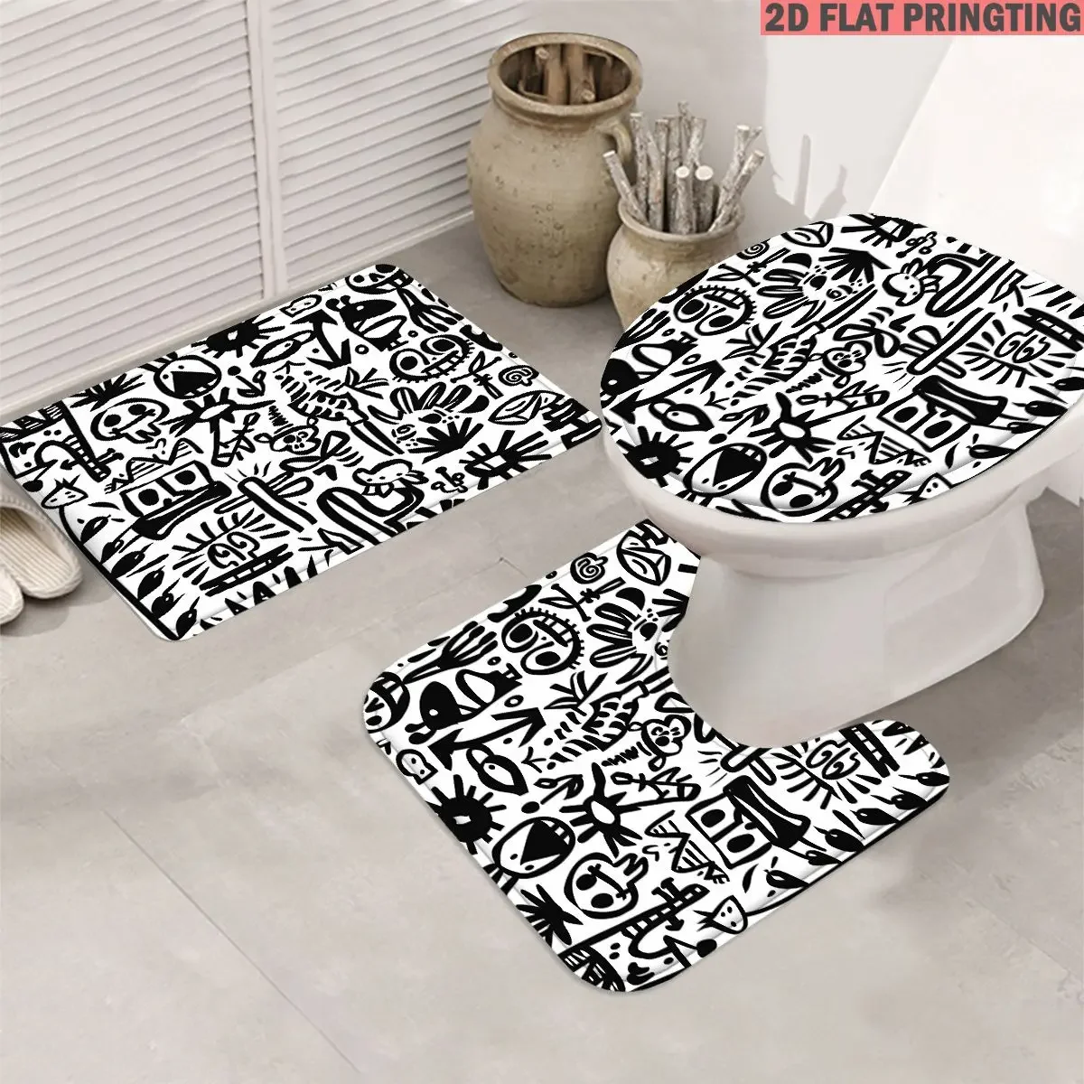 3Pcs Black White Abstract Graffiti Bathroom Rug Set, Doodle Street Art Tribal Face Sun Arrow Symbol Print Non‑Slip Bath Mat, U‑Shaped Contour Rug and Toilet Lid Cover, Modern Minimalist Street‑Art Bathroom Floor Decor Mats
