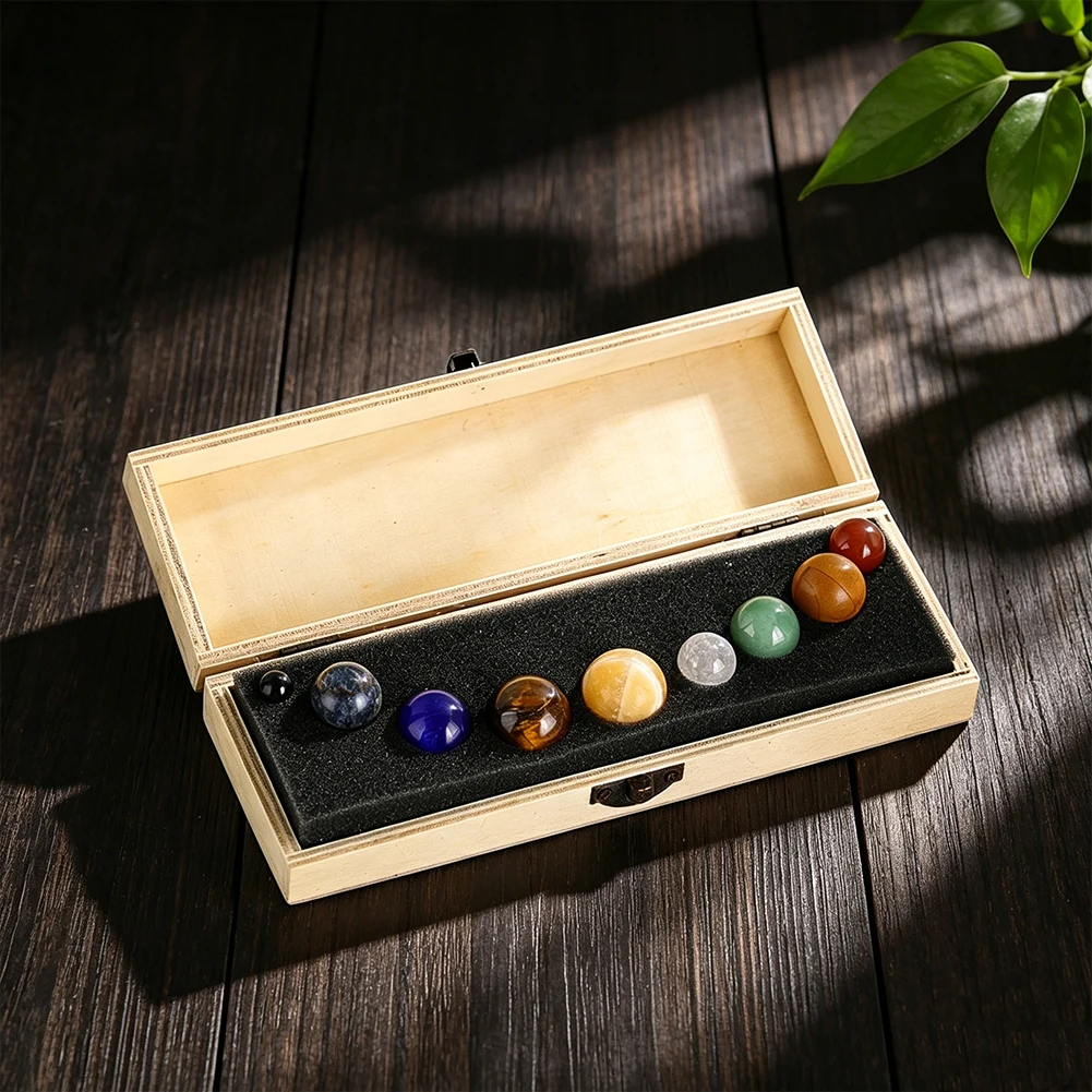 8 Planeten Naturkristall-Kugel-Set Massivholz-Aufbewahrungsbox Kosmische Planetensteine Meditation Heilung Desktop Sammlerstück Geschenk – Detail 3