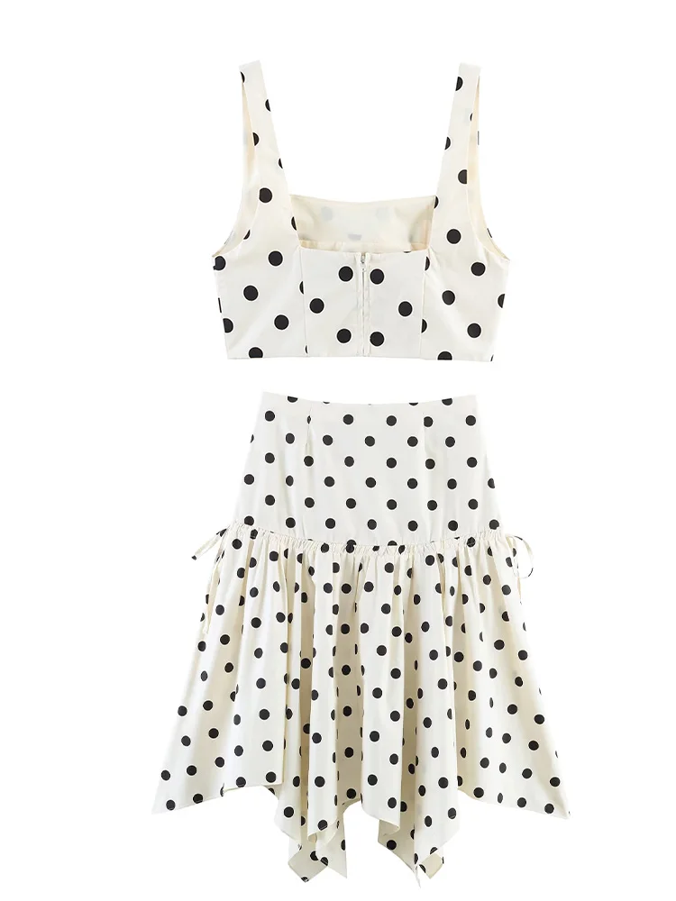 

Женский модный комплект из двух предметов: укороченный топ без рукавов на молнии с ламинацией + асимметричная юбка миди в горошек с бантом, повседневный летний комплект