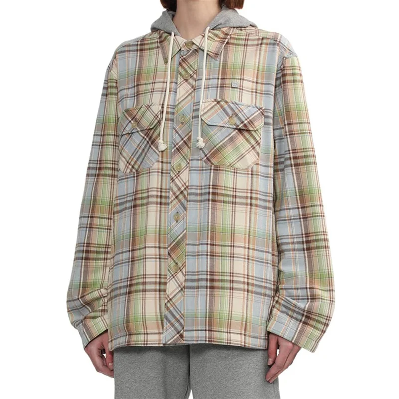 

Women jacket 2024 Summer New Fashion Spliced Women's Coat Pure cotton plaid hoodie High quality long sleeved top women's shirts