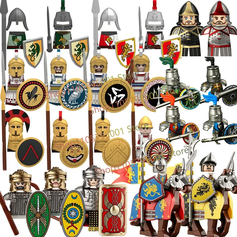 MOC Medieval Figure Building Blocks Castle Templar Knight Roman Centurion Spartan Hoplite Soldier Shield Spear Cape Brick Toy F4