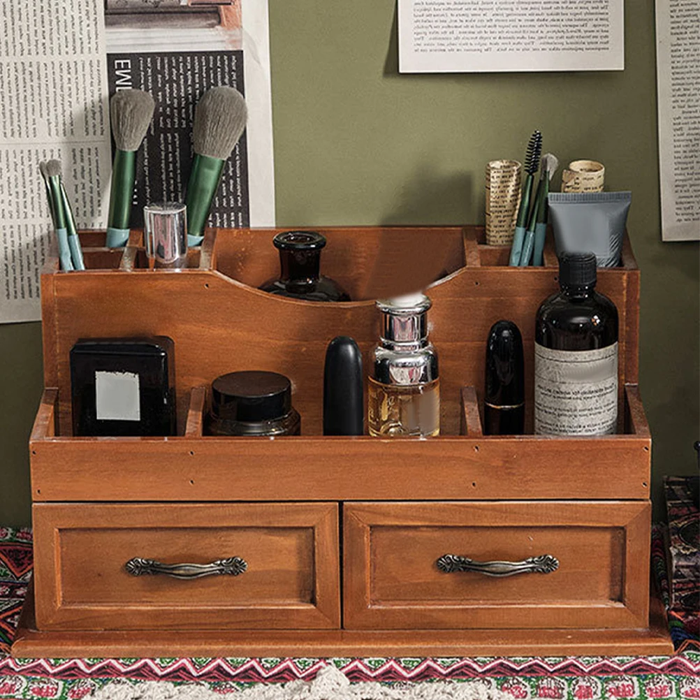 Solid Wood Storage Rack 2 grid Drawer Vintage Multi layer Jewelry ganizer Desktop Container Shallow Brown