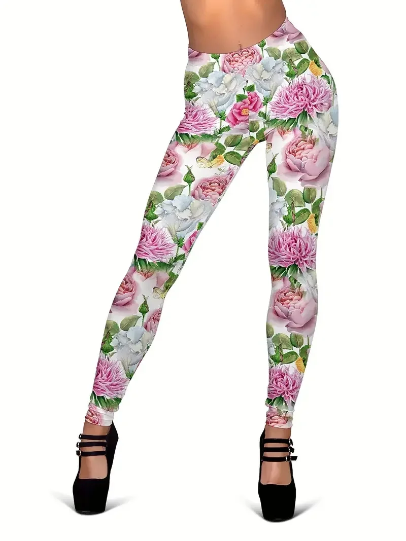 Flower print slim-fit elastic waist tights women\'s casual leggings daily work travel wear