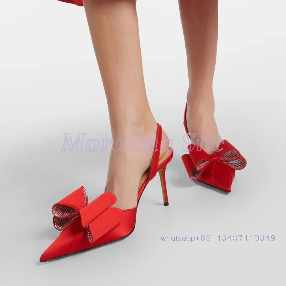 Crystal Bling Bow Detail Satin Pumps Pointed Toe Slingback Stiletto High Heels Women's Dress Shoes Summer Sandals Red Solid 2024