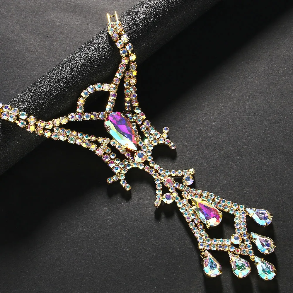 Stonefans Colorful Geometric Back Chain Necklace Belly Dance Jewelry Fashion Water Drop Rhinestone Back Chain Dress for Women
