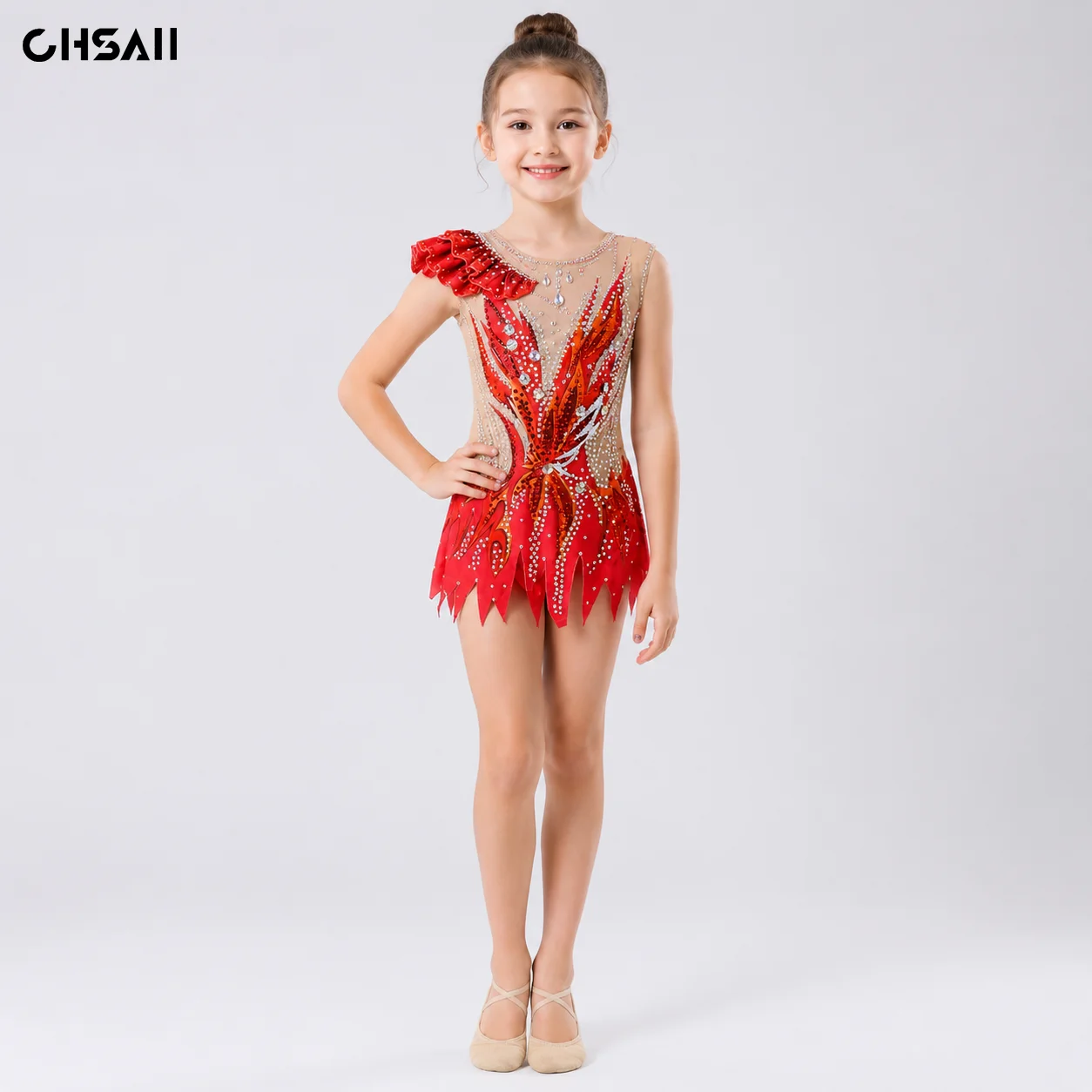 Maillot de Gimnasia Rítmica para Niñas, Rojo con Pedrería, de un Solo Hombro, con Malla Transparente, sin Mangas, para Competencia