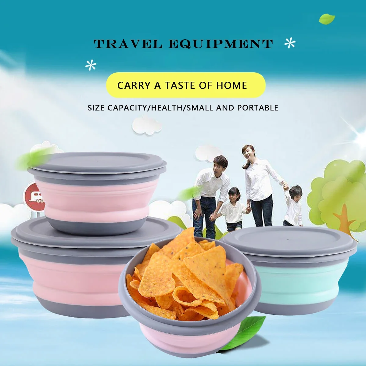 3 Pieces Silicone Folding Bowls with Lid Foldable Lunch Box Portable Salad Bowl Sets