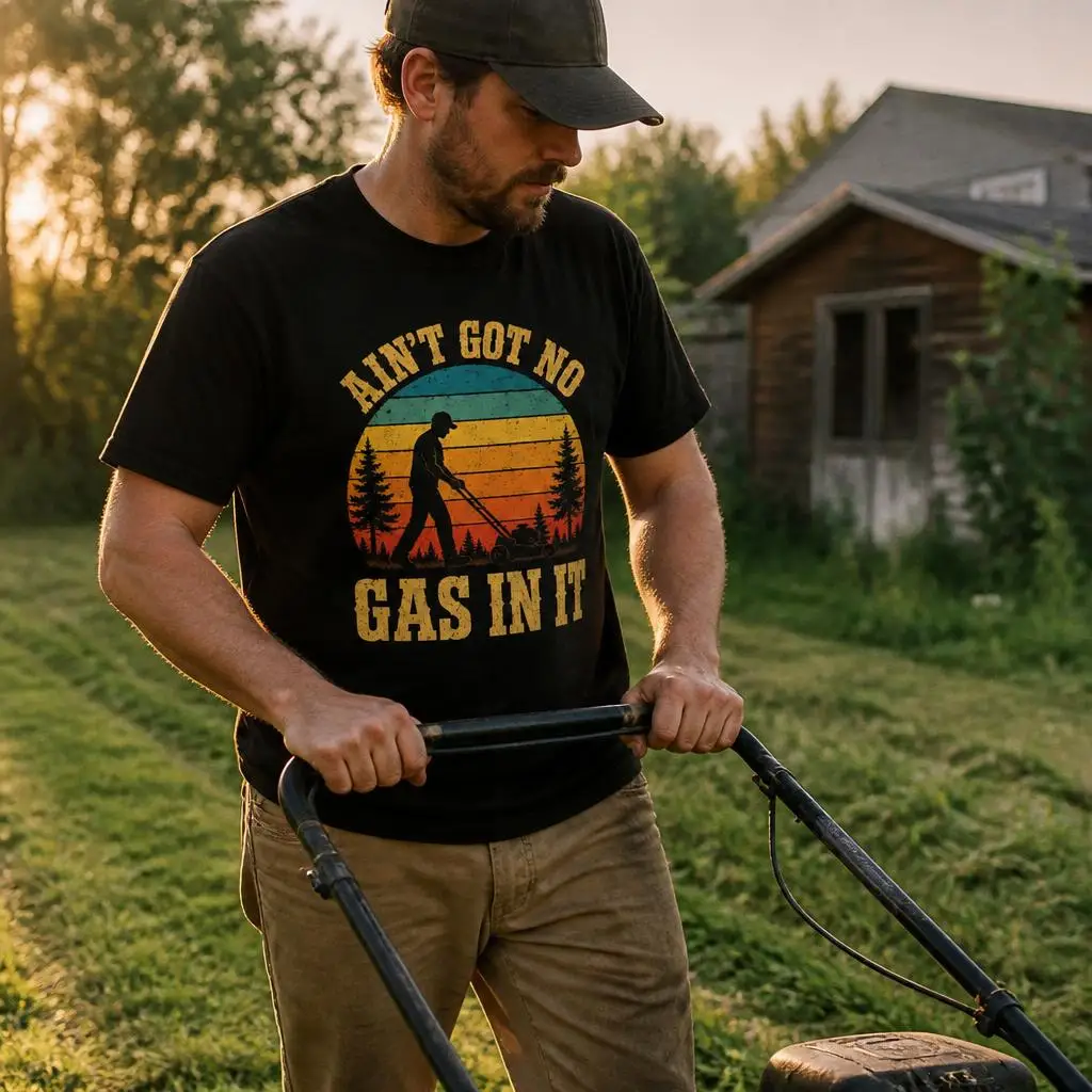 Ain’t Got No Gas in It Funny Lawn Mower Retro Sunset Men T Shirt 100% Cotton Clothing Fun Short Sleeve Tee Gift T-Shirts
