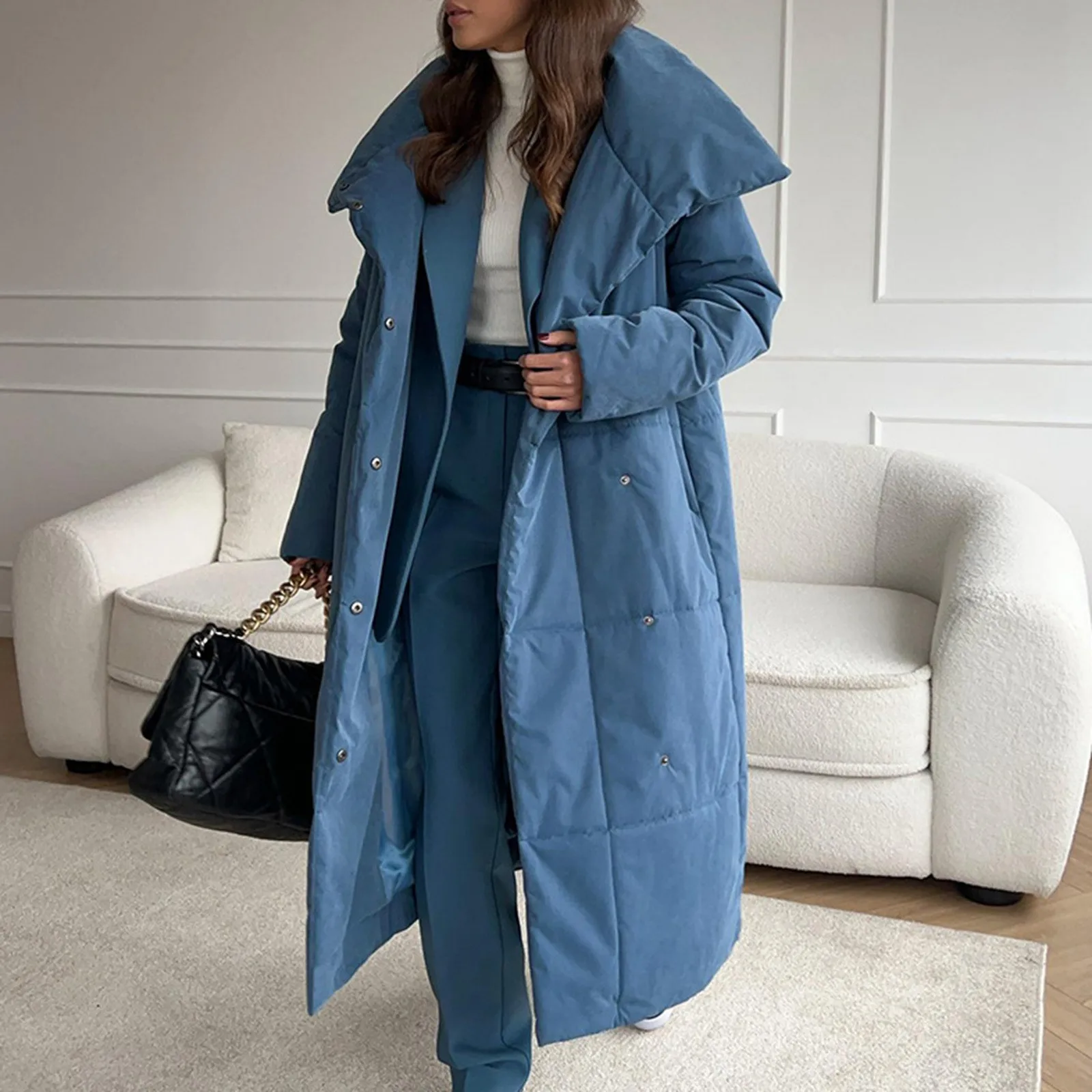 2024 Winter New Long Parka Casual Warm Standing Collar Cotton Padded Jacket with belt Long Sleeve Puffer Padded Coat Outerwear