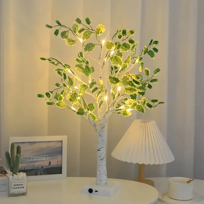 1PC Led Tree Light Indoor Simulation Green Leaves White Birch Tree Home Decoration Lights Christmas Party Popular Luminous Tree