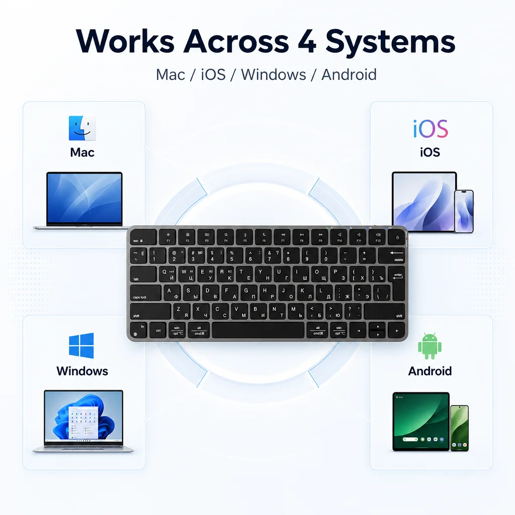 K210 Wireless Keyboard – Ultra-Slim 0.16'' Profile, Dual Mode 2.4G/BT with 4-Channel Connection, One-Key Switch Between 4 Device