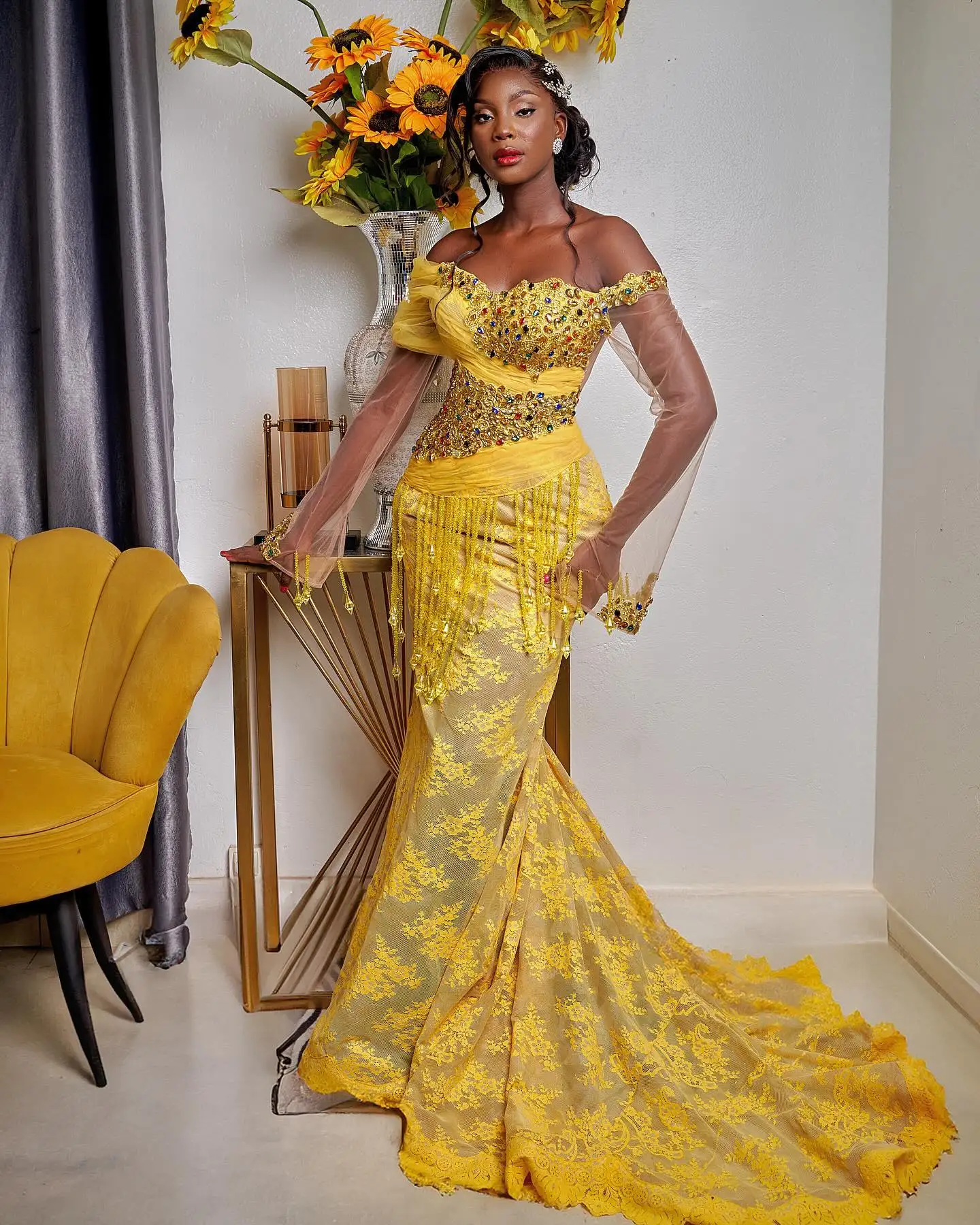 Real Photos African Yellow Lace Prom Dresses Colorful Crystals Beaded Tassels Aso Ebi Wedding Party Dress Black Girl Formal Gown