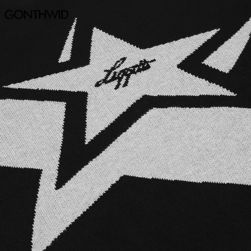 Vintage Knitted Sweater Y2K Men Retro Star Jumper Sweaters Streetwear 2024 Autumn Hip Hop Loose Pullover