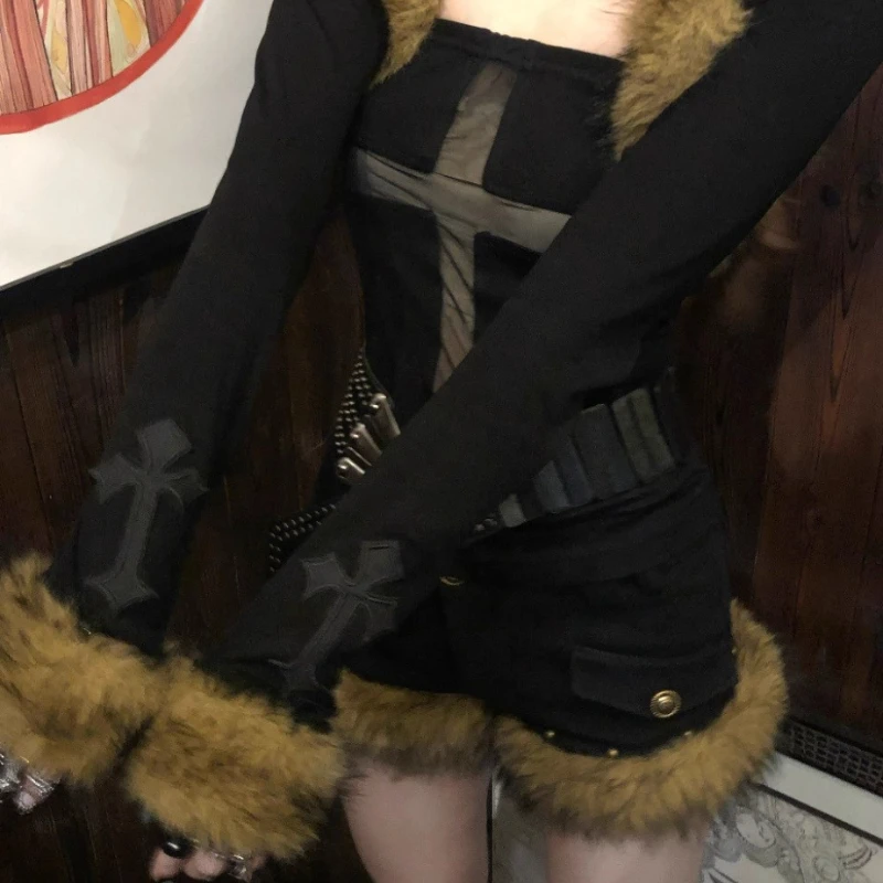 Punk Dark Gothic Sweet Cool Sexy Women's Clothing Original Design Autumn Winter Hot Girl Rivet Furry Spliccing Shorts Ladies