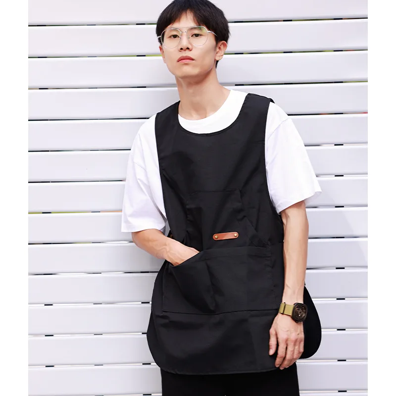 Round Neck Workwear Vest Apron Fashionable and Casual Coffee Shop Barberr Work Clothes Multiple Pockets for Storage Apron