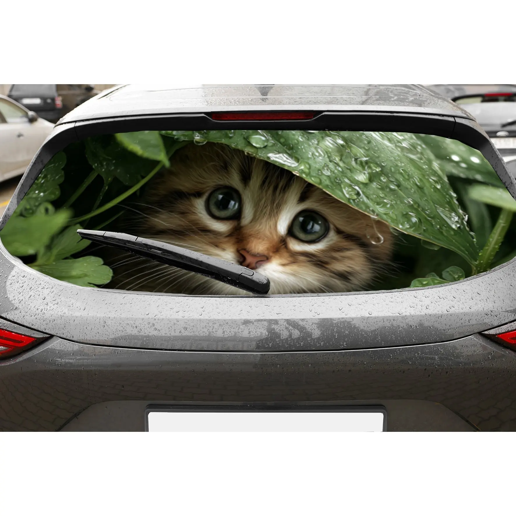 

Cute kitten hiding under green leaves car rear window vinyl wraps sticker,auto art sticker,self-adhesive waterproof rear window