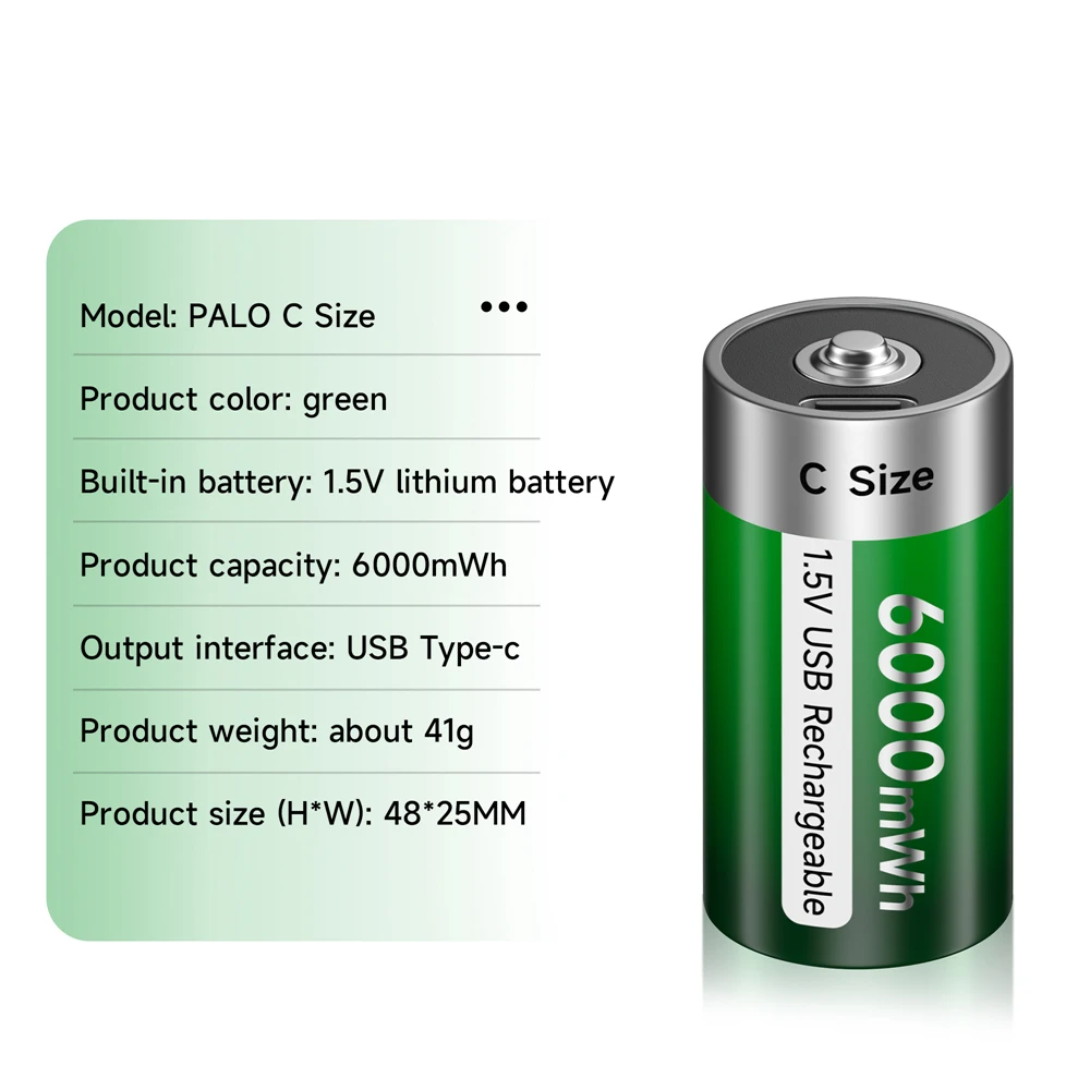 PALO 1.5V 6000mWh Rechargeable Battery C size USB Rechargeable lithium battery LR14 Batteries charged by Type C USB cable