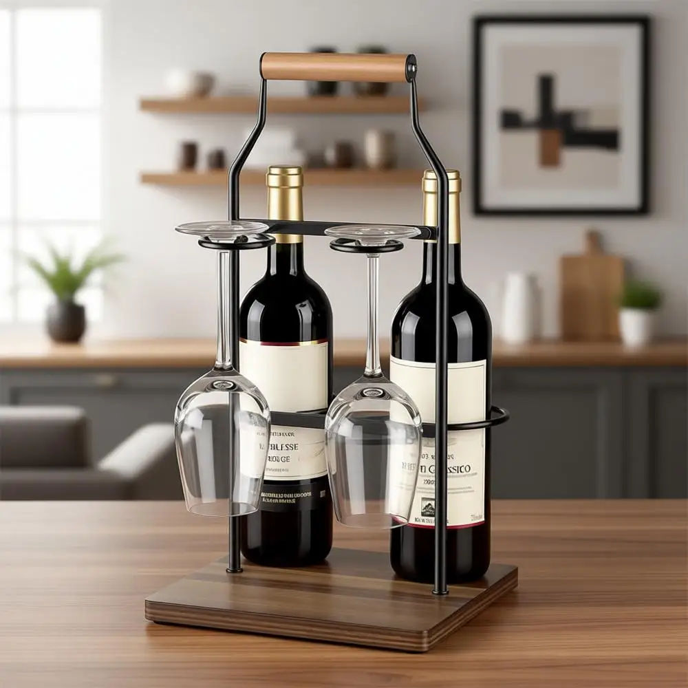 

Подставка для вина на две бутылки с держателями для бокалов - черная, универсальная для дома, бара и столовой