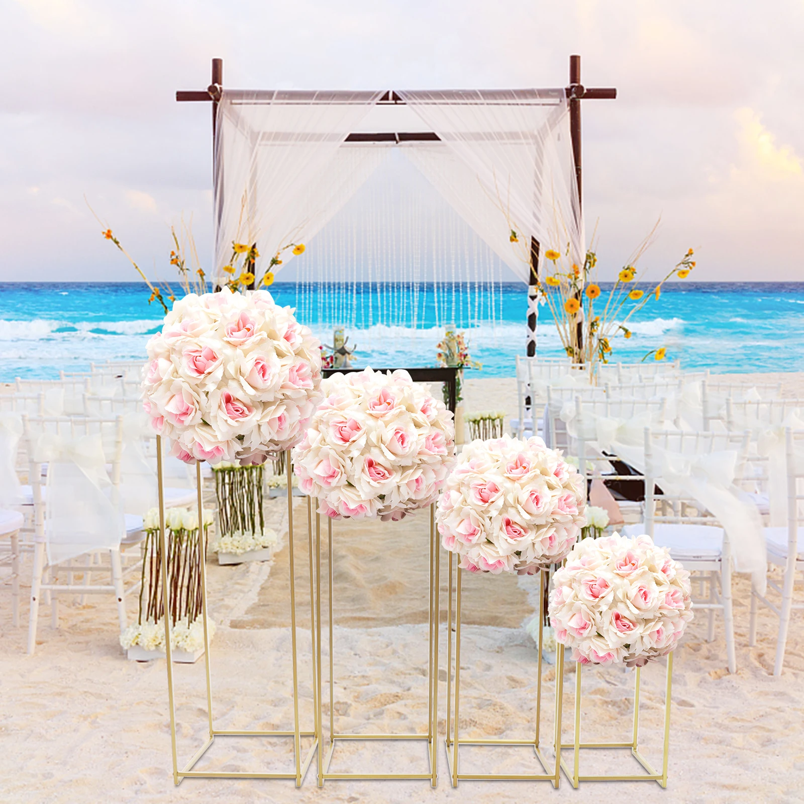 Soporte de flores de boda, centro de mesa rectangular de oro/blanco, soporte de Metal, jarrón, columna, soportes de fondo, fiesta de eventos, 4