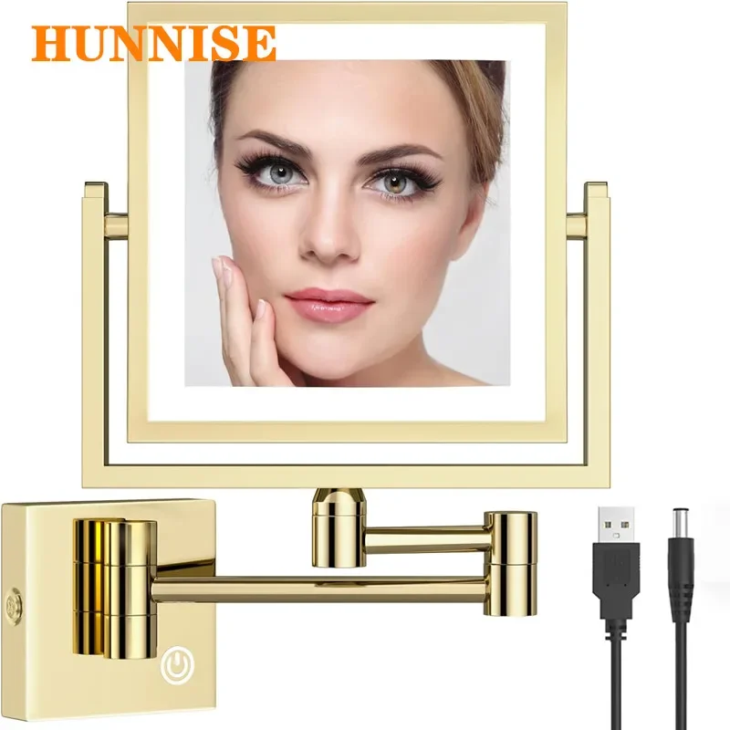 Gold  3X Magnifying Folding Bathroom Mirrors with  Lighted  Led Bathroom Accessories Makeup Mirror Touch Square Bathroom Mirror