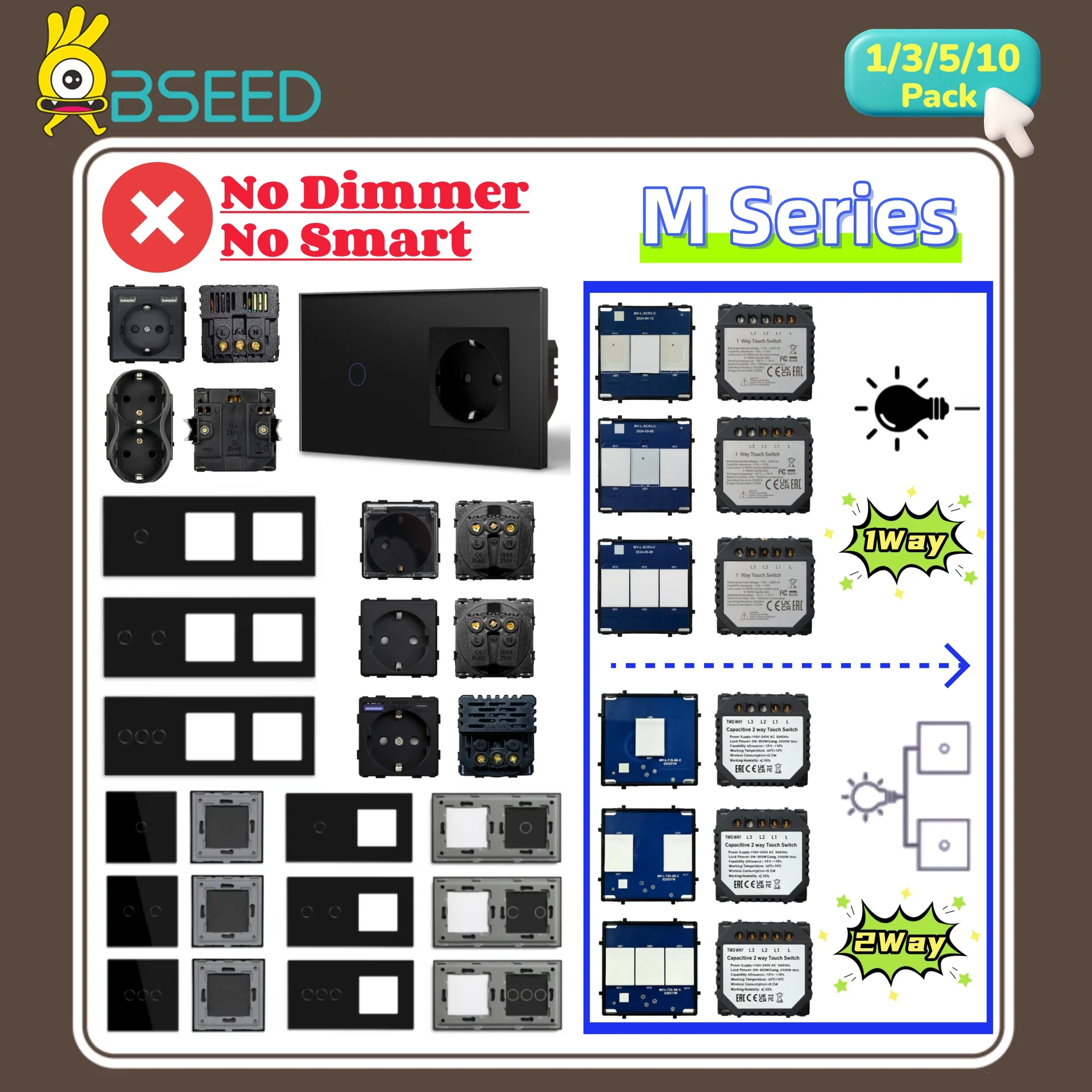 BSEED 1/2/3Gang 1Way Wall Light Switch Module Part EU 2Way LED Light Switch Insert Blue Backlight Free Combination Glass Black