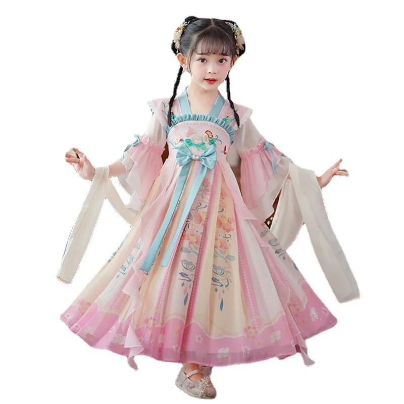 Summer Dress Sweet Girl Dresses Chinese Children Embroider Flower Hanfu Girls Dresses Princess Cute Party Dress Kids Cosplay