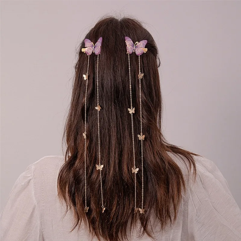 

2PCS New Girls' Butterfly Chain Pendant Hair Clips Vintage Style,Gauze Long Chain Grab Clips,Hair Clip,Travel Hair Clip,Headwear