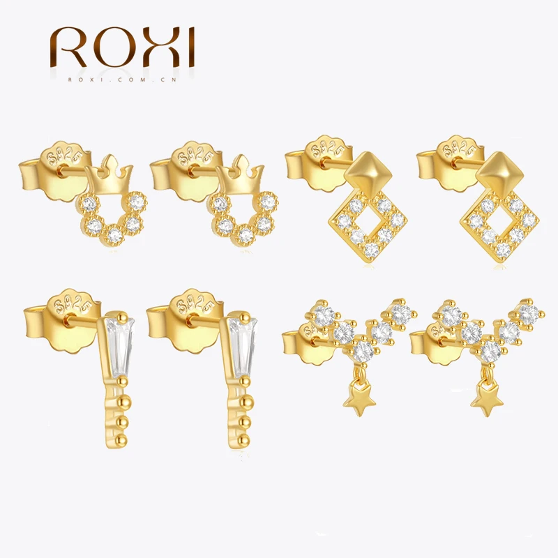 ROXI 925 Sterling Silver 1PC Crown/Diamond/V Design zircone piercing orecchini donna INS Trend Stud Earring Wedding Party Jewelry