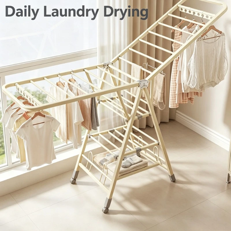 Foldable Clothes Drying Rack Indoor Outdoor Laundry Stand With Hanger Hooks For Balcony Bedroom Space Saving