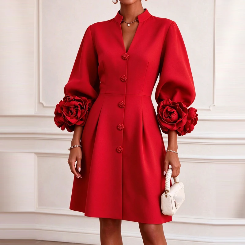 Elegant Solid Color Hollow Out Party Dress Summer Women's Casual Puff Short Dress Fashion High Waist Half Sleeve Commute Dress