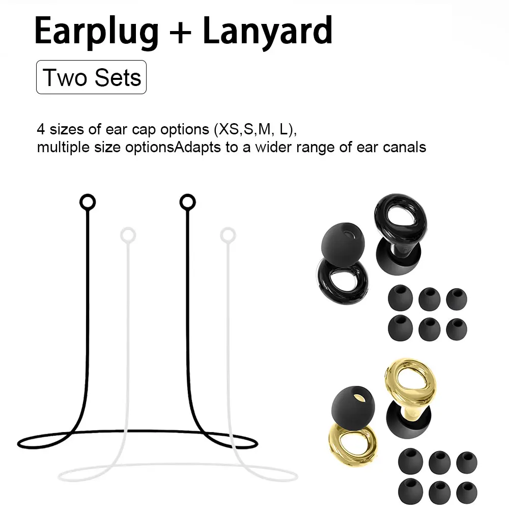 Waterproof Silicone Earplugs Kit: 2 Pairs Earplugs & 2 Silicone Lanyards, Anti-loss Ear Plugs for Swimming Shower