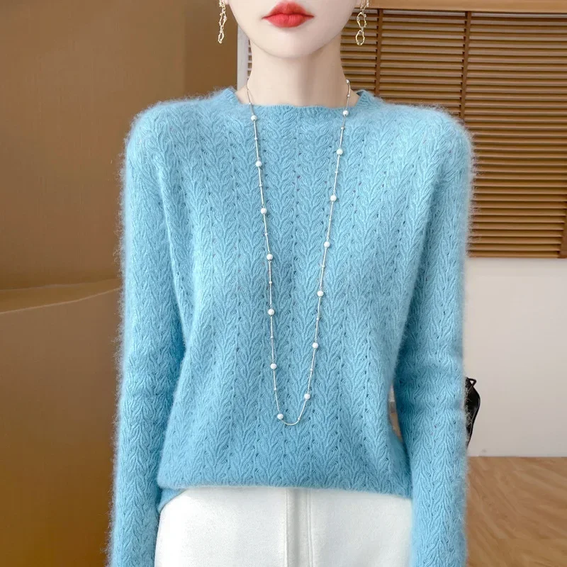 

Осень-зима, новый стильный вязаный свитер из 100% чистой шерсти, женский пуловер с полувысоким воротником и полым дизайном