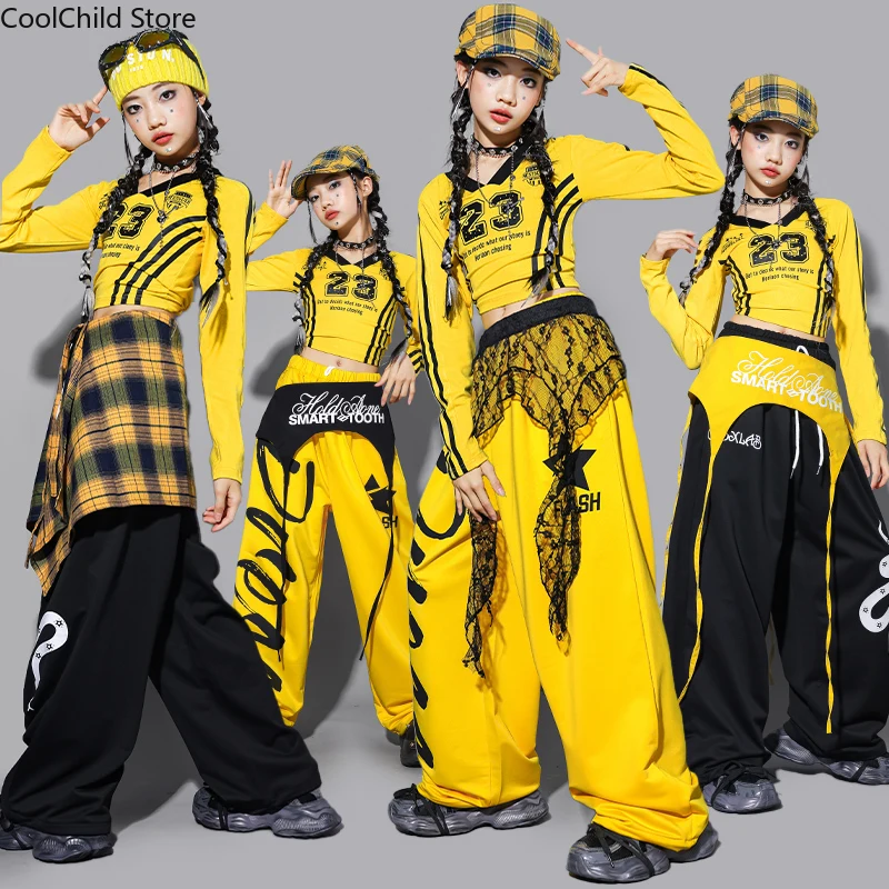Girls K-pop Fashion Crop Top Joggers Pants Street Dance Layered Skirt Kids Hip Hop Jazz Clothes Sets Children Girl Group Costume