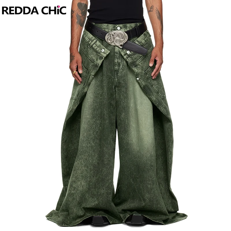 REDDACHiC Unisex Dirty Wash Green Boyfriend Jeans Oversized Distressed Wide Leg Pleats Cargo Pants Hip Hop Street Women Techwear