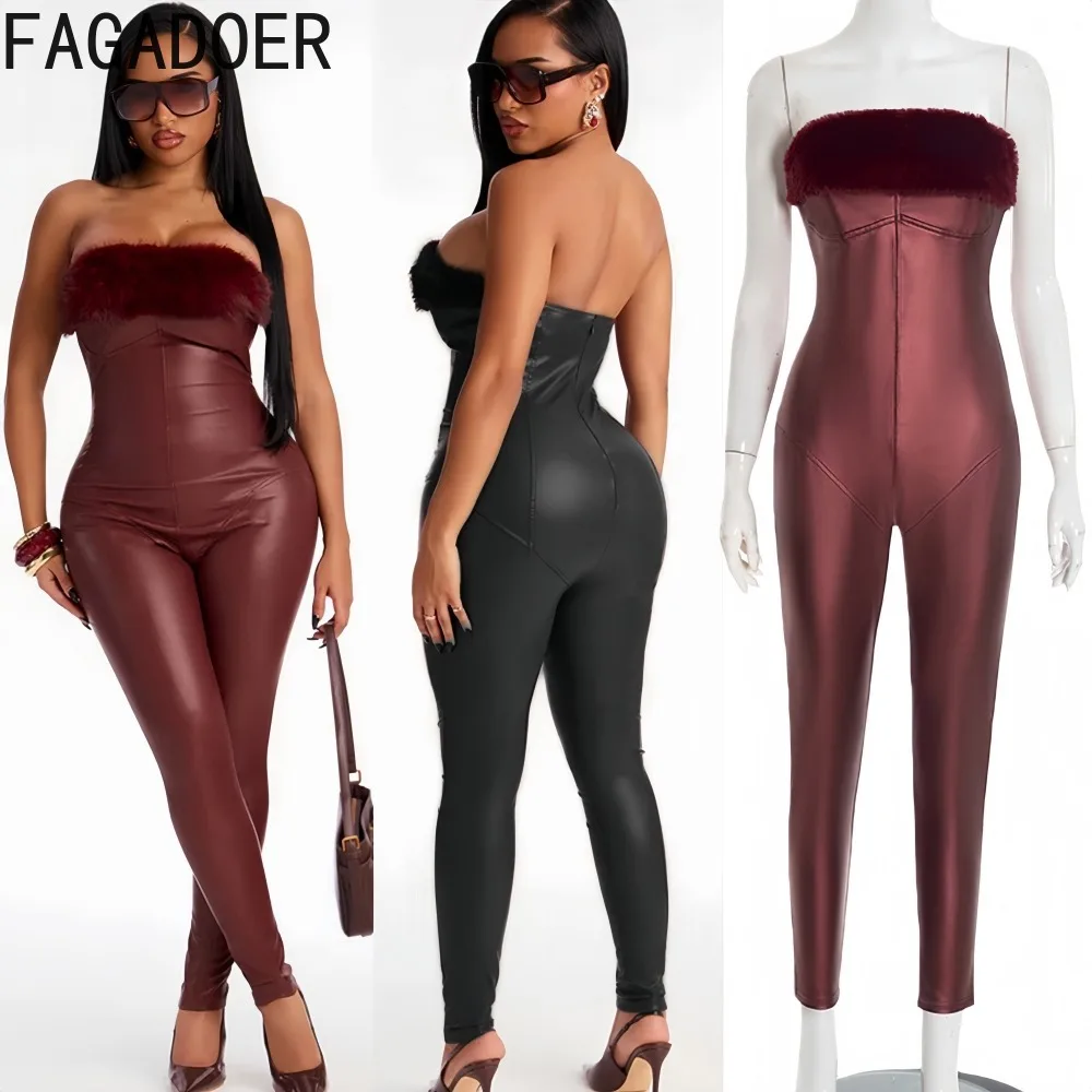

FAGADOER Sexy Fur Patchwork Bodycon Jumpsuits for Woman Solid Color Sleeveless Backless Rompers Female Streetwear Overalls New