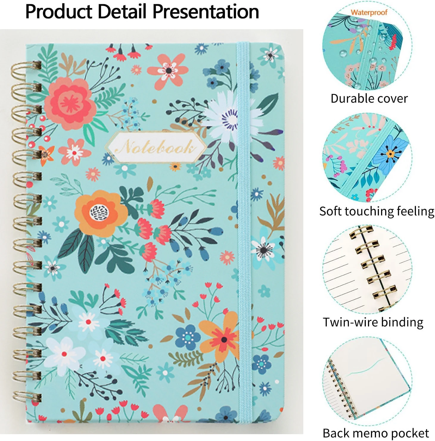 Spiral Notebook, Women\'s Diary, Hardcover Spiral Diary, 5.5 X 8.3inch, 160 Pages, Cute Flowers, Back Pockets, 100Gsm Paper for Gifts, Work, Office