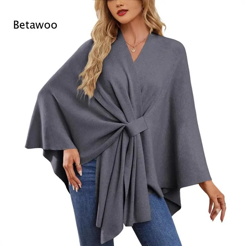 Women's Soft Knit V-Neck Poncho Wrap with Front Tie Detail, Cozy Oversized Cape Shawl for Autumn Winter Layering, Solid Color
