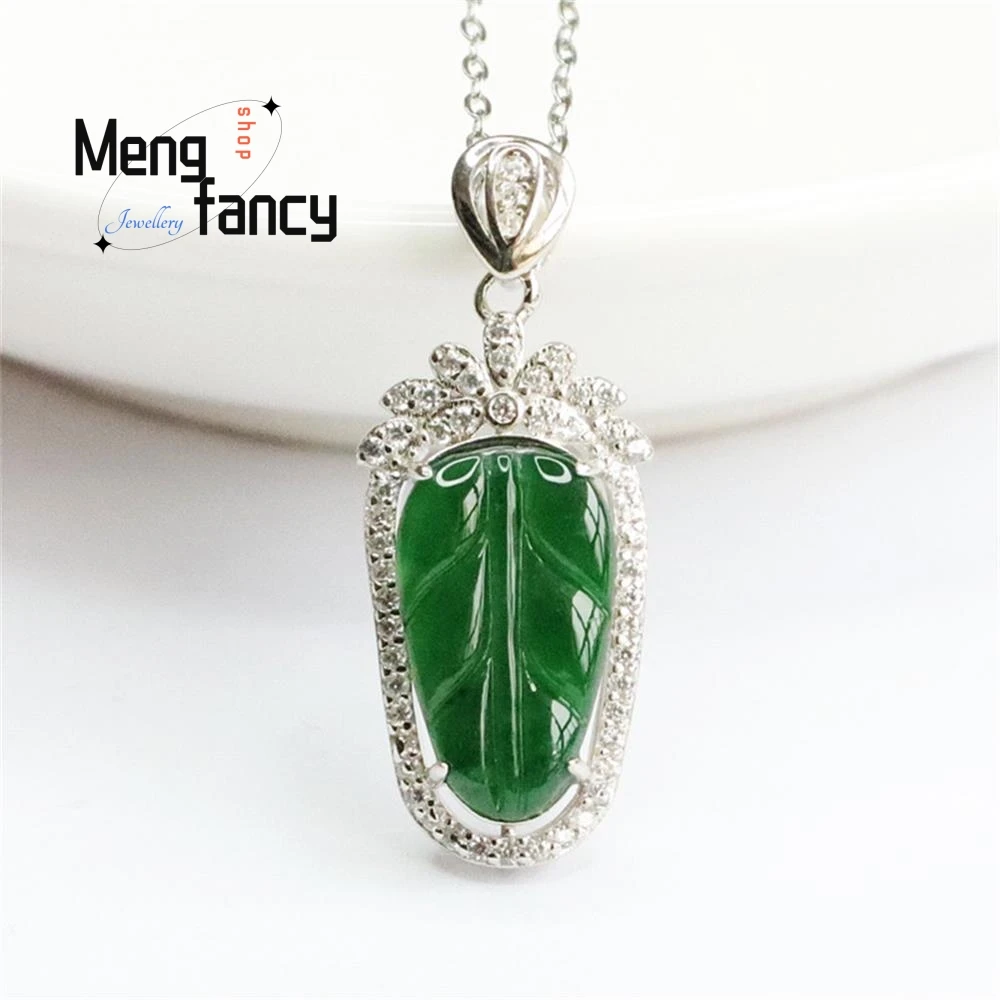 S925 Silver Lnlaid Natural Jadeite Ice Type Imperial Green Leaves Pendant Exquisite Elegant High-grade Luxury Quality Jewelry