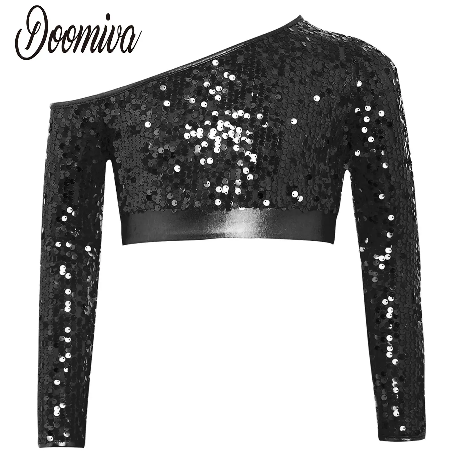 

Kids Girls Jazz Tango Ballet Dance Performance Costume Modern Street Dance Shirts One Shoulder Long Sleeve Sequins Cropped Tops