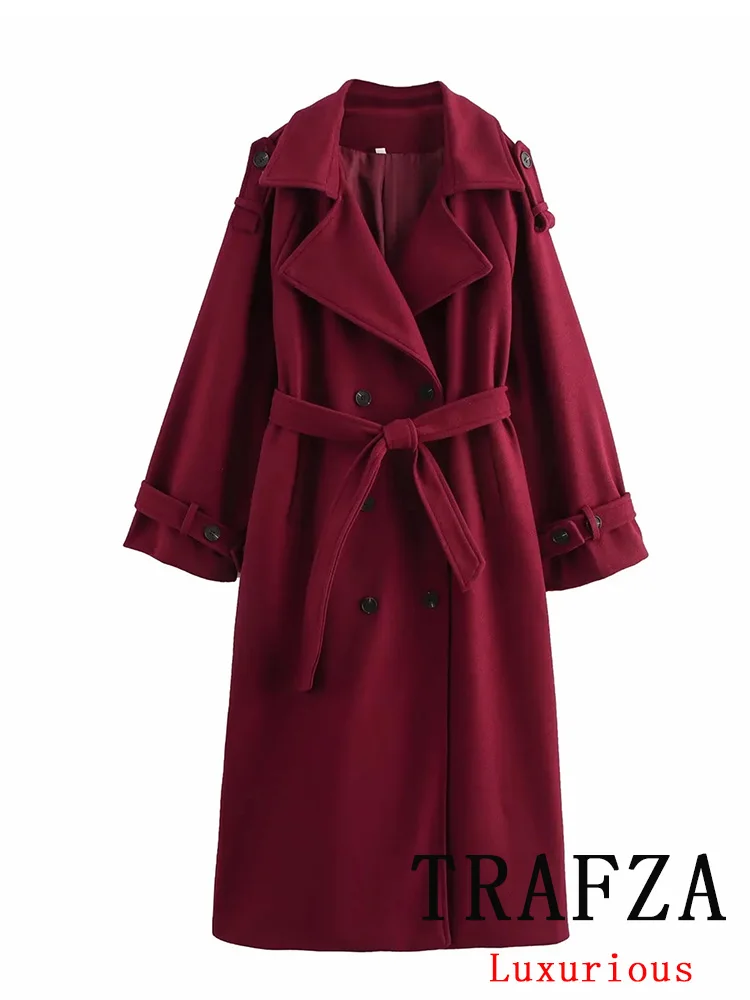 TRAFZA Vintage Women Overcoat Red Solid V Neck Double Breasted Belt Long Coat Fashion 2024 Autumn Winter Thick Warm Office Coats