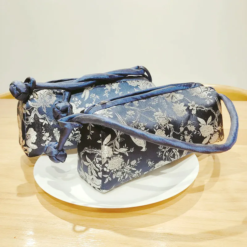 Oriental Aesthetic Women Navy Blue Jacquard Brocade Bag Floral Pattern Ethnic Handbag Qipao Hanfu Tangzhuang Retro Accessories