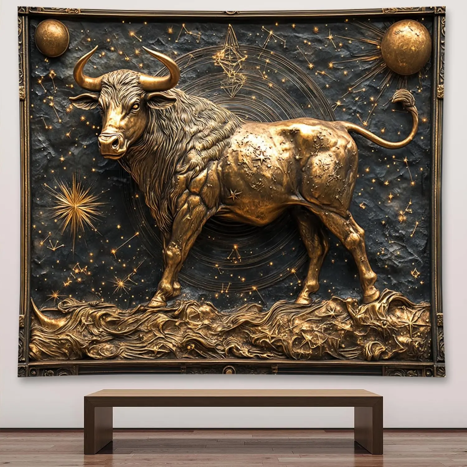 Golden Taurus Bull Zodiac Constellation Wall Tapestry Celestial Astrology Art Decor Poster for Living Room Bedroom